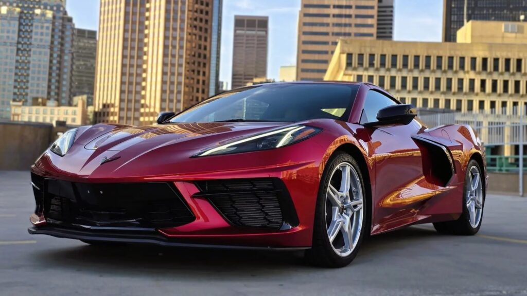 Red Corvette C8 with white interior for rent in Boston and New England