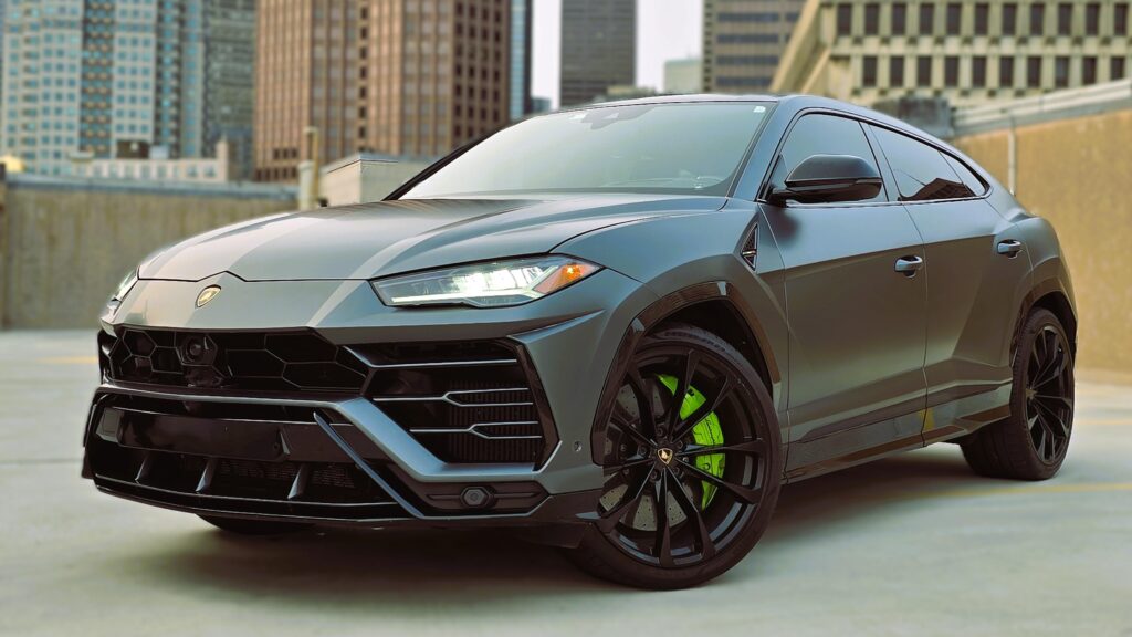 Matte gray Lamborghini Urus with lime green interior for rent in Boston and New England