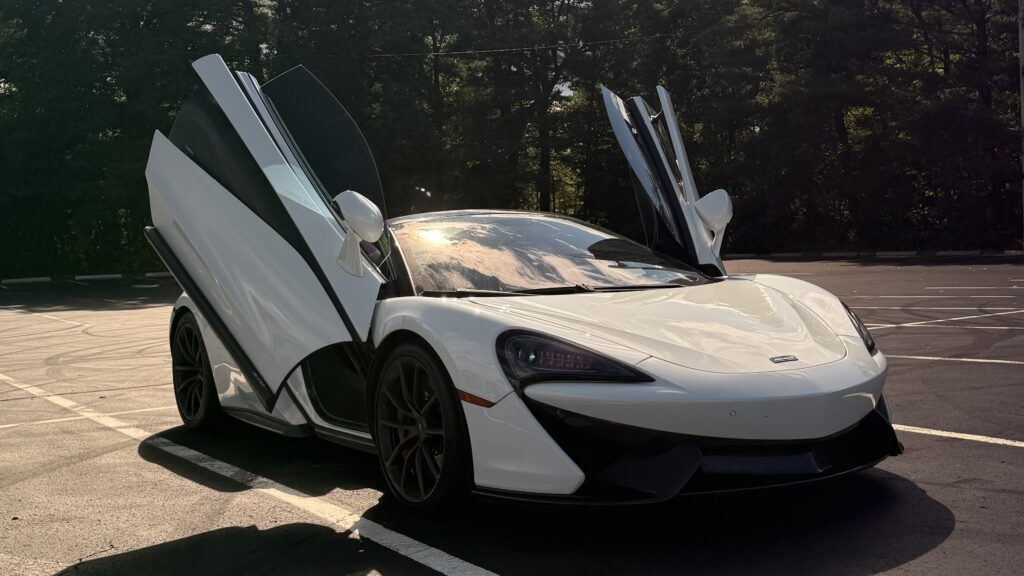 White McLaren 570S convertible for rent in Boston and New England