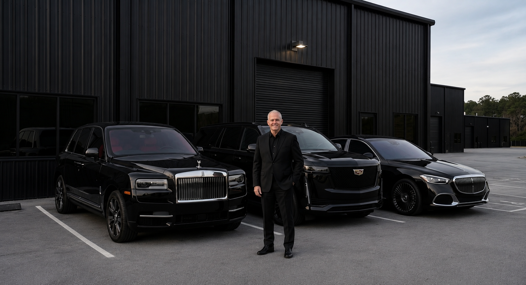 Bluebell Exotics Chauffeur standing with a Rolls-Royce Cullinan, Mercedes-Benz Maybach, and Cadillac Escalade ESV Sport Platinum